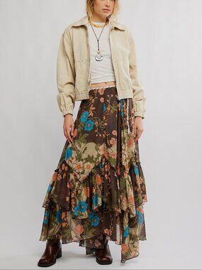 FREE PEOPLE Palermo Villa Chiffon Maxi Skirt / Chocolate Combo